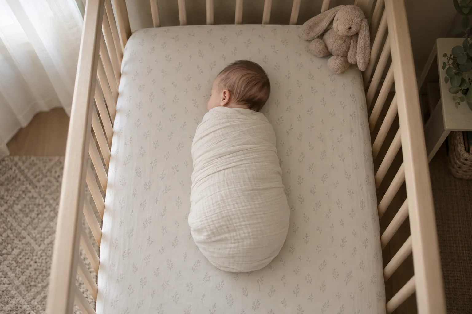 A sleeping newborn swaddled in a crib, seen from above, as the monitor shows it