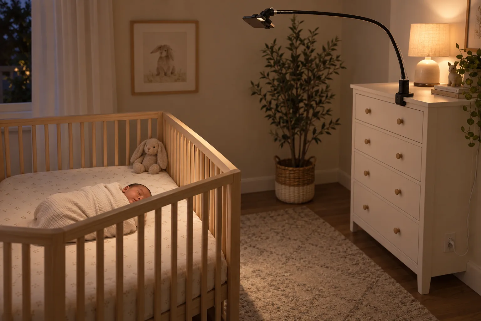 A spare phone on a gooseneck mount clamped to a dresser three feet from the crib, looking down at the sleeping baby