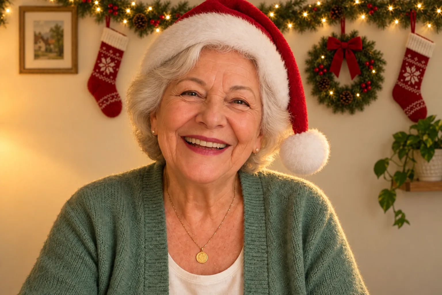 The same grandmother in her corner decorated for Christmas, a Santa hat on, laughing