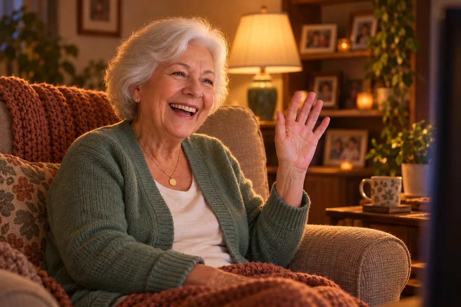 A grandmother in her armchair laughing and waving at her TV
