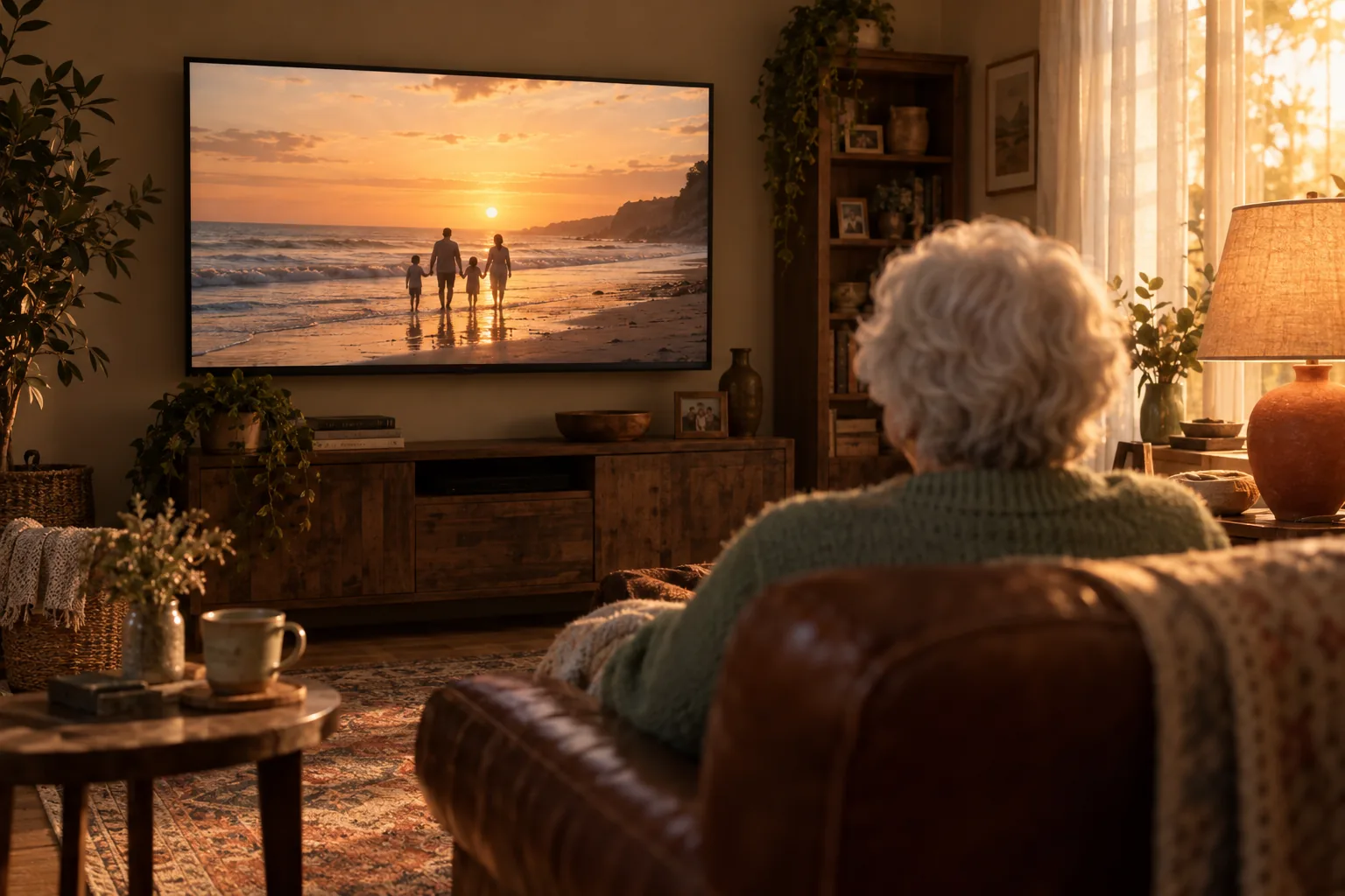 Grandma in her armchair watching a family beach photo on her TV