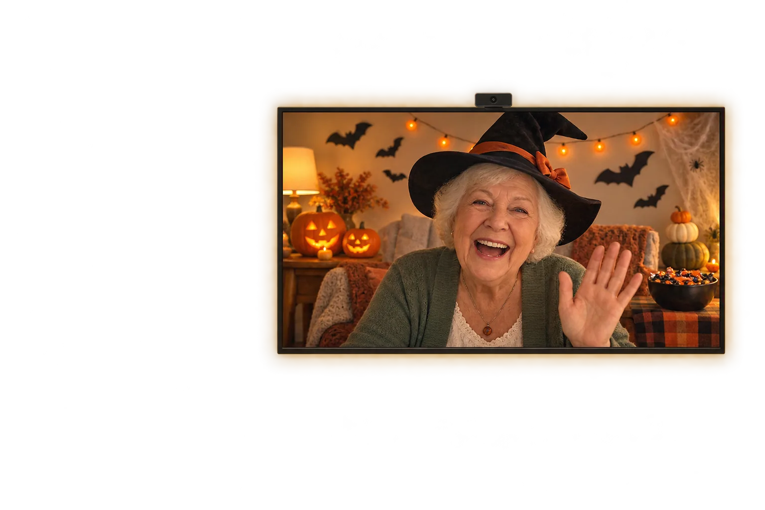 Grandma on the living room TV, her corner decorated for Halloween, waving to her grandson