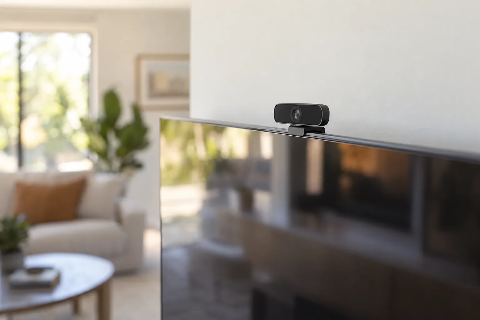 A slim camera clipped onto the top of a flat TV in a bright living room